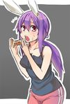  alternate_costume alternate_hairstyle animal_ears ayasugi_tsubaki bare_shoulders bunny_ears casual contemporary eating food hands holding_pizza long_hair pants pizza ponytail purple_eyes purple_hair reisen_udongein_inaba solo sweat tank_top touhou track_pants track_suit 