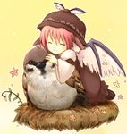  animal animal_ears bird closed_eyes eijima_moko eurasian_tree_sparrow flower happy hat hug minigirl mystia_lorelei nest pink_hair short_hair smile solo sparrow touhou wings 