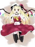  alternate_hairstyle black_legwear blonde_hair flandre_scarlet hat hat_ribbon highres jumping long_hair older open_mouth ribbon solo thighhighs touhou yamineko zettai_ryouiki 