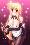  alcohol areolae blonde_hair blush bottle breasts cleavage cosplay detached_sleeves dream_c_club dream_c_club_(series) fate_testarossa large_breasts long_hair low-tied_long_hair lyrical_nanoha mahou_shoujo_lyrical_nanoha_strikers maid narutaki_shin pantyhose parody red_eyes smile solo very_long_hair wine 