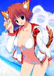  animal_ears beach bikini blue_eyes bra breasts cat_ears cat_tail catgirl cleavage cloud conch conch_shell front-tie_top happy jacket kusaka_souji looking_at_viewer nail_polish navel ocean red_hair seashell shell short_hair swimsuit tail thighhighs 