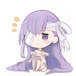  1girl :&lt; bandage bandage_over_one_eye bandaged_head bandaged_leg bandages bangs bare_shoulders barefoot beni_shake blush chibi commentary_request empty_eyes eyebrows_visible_through_hair fate/grand_order fate_(series) full_body hair_between_eyes kingprotea long_hair looking_at_viewer moss notice_lines parted_lips purple_eyes purple_hair shadow sitting solo triangle_mouth very_long_hair white_background 
