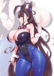  1girl amamiya_(abaros) animal_ears bangs bare_shoulders blue_legwear breasts brown_hair bunny_ears bunny_girl bunnysuit cleavage commentary_request double_bun fake_animal_ears fate/grand_order fate_(series) hair_ornament huge_breasts leotard long_hair looking_at_viewer murasaki_shikibu_(fate) open_mouth pantyhose purple_eyes solo strapless strapless_leotard very_long_hair wrist_cuffs 