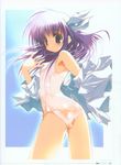  absurdres ass brown_eyes crossdressing h2o_footprints_in_the_sand highres jacket long_hair male_focus no_pants one-piece_swimsuit open_clothes open_jacket otoko_no_ko purple_hair ribbon sca-ji school_swimsuit solo swimsuit swimsuit_under_clothes white_school_swimsuit white_swimsuit yakumo_hamaji 