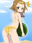 1girl ass beach bikini brown_eyes brown_hair day food from_behind fruit hairband holding holding_food holding_fruit k-on! kebab leaning_forward looking_back mouth_hold non_(number) short_hair solo swimsuit tainaka_ritsu tomboy untied wardrobe_malfunction watermelon 