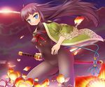  1girl 7th_dragon 7th_dragon_(series) bad_id bad_pixiv_id black_hair blue_eyes bodysuit breasts cameltoe flower katana long_hair medium_breasts purple_hair ran_(7th_dragon) samurai_(7th_dragon) skin_tight solo sword weapon 