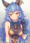  1girl animal_ears bangs bare_shoulders black_gloves blue_hair blush breasts brown_eyes closed_mouth earrings erune eyebrows_visible_through_hair ferry_(granblue_fantasy) frilled_gloves frills gloves granblue_fantasy hair_between_eyes hand_up highres hoop_earrings jewelry lips long_hair looking_at_viewer medium_breasts poroze sideboob simple_background single_earring solo upper_body wavy_hair 