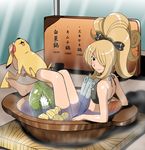  arm_support bath bikini looking_behind pikachu pokemon shirona_(pokemon) soup swimsuit tagme vegetables 