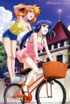  :d ;d absurdres arm_support armpits asura_cryin' bangs bare_legs bicycle bicycle_basket black_ribbon blue_eyes blue_hair blue_sky blunt_bangs bow breasts brown_eyes building camisole casual cloud day denim denim_shorts dress full_body ground_vehicle hair_ribbon highres komori_atsushi long_hair medium_breasts megami minakami_misao multiple_girls multiple_riders no_bra non-web_source official_art one_eye_closed open_mouth orange_hair outdoors pink_dress ponytail ribbon riding sandals shading_eyes shoe_bow shoes short_dress short_hair short_shorts shorts sidelocks sky small_breasts smile spaghetti_strap standing stucco takatsuki_kanade tree wall watermark window 