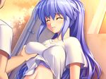  blue_hair blush bra breast_grab breasts game_cg grabbing gunner-l kinomoto_asuka large_breasts lingerie long_hair oppai_baka solo_focus tears underwear 