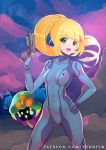  blonde_hair cosmog cosplay creatures_(company) crossover game_freak gen_7_pokemon green_eyes gun lillie_(pokemon) metroid nintendo pokemon ponytail samus_aran samus_aran_(cosplay) vekneim weapon zero_suit 