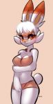  anthro anthrofied blush breasts cleavage clothed clothing female kolae lagomorph looking_at_viewer mammal nintendo pok&eacute;mon pok&eacute;mon_(species) pok&eacute;morph red_eyes scorbunny solo video_games 