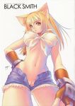  1girl animal_ears black_smith blacksmith blacksmith_(ragnarok_online) blonde_hair breasts cat_ears cleavage cut_jeans cutoffs dated denim denim_shorts erect_nipples fingerless_gloves front-tie_top gloves hand_on_hip large_breasts long_hair looking_at_viewer midriff navel no_panties open_fly pussy ragnarok_online short_shorts shorts simple_background solo tanaka_takayuki thighhighs uncensored underboob unzipped wide_hips yellow_eyes 