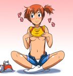  blush kakkii kasumi_(pokemon) navel panties pokemon shirt_pull short_shorts shorts socks suspenders underboob unzipped 