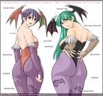  animal_print ass back bad_anatomy bare_back bare_shoulders bat_print bat_wings breasts champ+ curvy demon_girl detached_sleeves elbow_gloves engrish gloves green_eyes green_hair head_wings huge_ass large_breasts leotard lilith_aensland long_hair looking_back measurements morrigan_aensland multiple_girls pantyhose plump print_legwear purple_hair ranguage red_eyes red_leotard short_hair sideboob succubus thong_leotard vampire_(game) wide_hips wings 