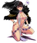  barefoot black_hair blush bracelet breasts cleavage hand_on_hip heart huge_breasts jewelry navel no_panties one_knee open_mouth purple_eyes revealing_clothes sangokushi_taisen see-through shoohee simple_background solo spoken_heart white_background 