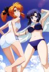  absurdres armpits ass asura_cryin' barefoot bikini blue_eyes blue_hair brown_eyes cloud day highres komori_atsushi lens_flare minakami_misao multiple_girls non-web_source nyantype official_art one_eye_closed orange_hair ponytail scan short_hair sky swimsuit takatsuki_kanade 