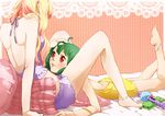  anklet backless_outfit bad_id bad_pixiv_id bare_back barefoot bed blonde_hair blush eye_contact feet green_hair jewelry kurage long_hair looking_at_another lying macross macross_frontier multiple_girls on_stomach pillow ranka_lee red_eyes sheryl_nome shoulder_blades yuri 