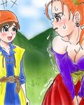  1girl bandana blush breasts brown_eyes cleavage dragon_quest dragon_quest_viii dress earrings have_to_pee hero_(dq8) jessica_albert jewelry large_breasts lowres red_eyes red_hair smile sweat trembling twintails 