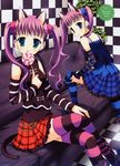  absurdres animal_ears blue_eyes candy cat_ears copyright_request food highres lollipop multiple_girls naruse_mamoru non-web_source purple_hair scrunchie siblings sisters striped striped_legwear swirl_lollipop thighhighs twintails 