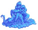  3girls ass blue blue_eyes blush breasts crown goo goo_girl gynomorphous jewelry kenkou_cross kenkou_kurosu maid mamono_girl_lover monster_girl monster_girl_encyclopedia multiple_girls omitted_bits pendant queen_slime queenslime semiliquid slime slimegirl 