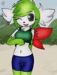  2015 absurd_res anthro black_nose breasts chest_tuft clothed clothing clothing_lift dreameclipsewolf eyebrows eyebrows_visible_through_hair female fur gloves_(marking) green_eyes green_hair hair hi_res legendary_pok&eacute;mon looking_at_viewer markings midriff navel navel_piercing nintendo one_eye_closed open_mouth open_smile piercing pok&eacute;mon pok&eacute;mon_(species) pok&eacute;morph portrait shaymin shaymin_(sky_form) smile solo three-quarter_portrait tuft video_games watermark white_fur wink 
