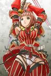  armor armored_dress armpits brown_hair chain green_eyes md5_mismatch monster_hunter panties pantyshot solo sword teostra_(armor) thighhighs underwear upskirt v-mag weapon white_panties wind wind_lift 