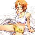  arm_support barefoot bed bed_sheet blush boyshorts breasts brown_eyes cleavage covered_nipples frown kneeling large_breasts midriff mosha nami_(one_piece) one_piece orange_hair short_hair short_shorts shorts solo tank_top tattoo tears 