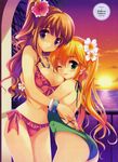  2girls blonde_hair brown_hair flower green_eyes hug hugging jewelry long_hair multiple_girls necklace purple_eyes sakura_koharu sunset thighhighs wink winking 