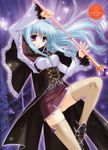  absurdres arms_up belt blue_hair copyright_request highres kimizuka_aoi leg_lift long_hair miniskirt non-web_source pencil_skirt purple_eyes skirt solo thighhighs wand zettai_ryouiki 