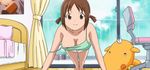  animated animated_gif bed bedroom breasts breasts_apart brown_eyes brown_hair chair curtains downblouse exercise hinako_(issho_ni_training) indoors issho_ni_training large_breasts off_shoulder push-ups screencap smile solo strap_slip tank_top twintails window 
