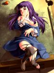  asagami_fujino billiards black_legwear blush breasts covering_mouth cue_ball dress dress_pull from_above kara_no_kyoukai loafers long_hair looking_at_viewer lying medium_breasts on_back on_table pantyhose purple_hair red_eyes shoes solo table torn_clothes torn_legwear zen 