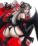  ass bad_id bad_pixiv_id bat_wings copyright_request demon_girl elbow_gloves garter_belt gloves grey_hair high_heels highres horns looking_back panties red_eyes shibusun shoes solo squatting thighhighs thong underwear wings 