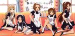  absurdres akitake_seiichi akiyama_mio alternate_costume apron black_eyes black_hair blonde_hair blush brown_eyes embarrassed enmaided full_body garters glasses hair_ornament hairclip high_heels highres hirasawa_yui k-on! kotobuki_tsumugi leg_garter long_hair maid maid_headdress megami multiple_girls official_art shoes short_hair smile socks tainaka_ritsu tears tray white_legwear yamanaka_sawako 