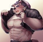  2019 666yubazi abs anthro behemoth_(housamo) biceps canid canine clothing fur hi_res kemono male mammal muscular muscular_male nipples pecs simple_background solo tokyo_afterschool_summoners video_games 