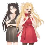  2girls ^_^ bangs bare_shoulders belt bitter_sweet_(fate/grand_order) black_bow black_dress black_hair blonde_hair blush bow box bracelet breasts brown_legwear closed_eyes closed_mouth collarbone commentary_request covering_mouth cowboy_shot cross cross_necklace dress earrings embarrassed ereshkigal_(fate/grand_order) eyebrows_visible_through_hair eyes_closed facing_viewer fate/grand_order fate_(series) floating_hair gift gift_box hair_bow hand_up hands_up hayashi_kewi holding holding_box holding_gift hoop_earrings infinity ishtar_(fate/grand_order) jacket jewelry latin_cross long_hair looking_away looking_to_the_side multiple_girls necklace off_shoulder open_clothes open_jacket pantyhose parted_bangs red_dress red_eyes red_ribbon ribbon short_sleeves side-by-side simple_background sleeveless sleeveless_dress small_breasts smile standing striped striped_dress two_side_up vertical-striped_dress vertical_stripes white_background white_bow white_jacket wide_sleeves 