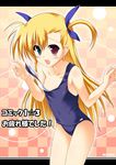  blonde_hair blush child collarbone green_eyes hair_ribbon heterochromia kouzuki_hajime long_hair lyrical_nanoha mahou_shoujo_lyrical_nanoha_strikers one-piece_swimsuit open_mouth red_eyes ribbon school_swimsuit smile solo swimsuit two_side_up vivio 