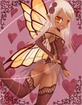  ass bad_id bad_pixiv_id bare_shoulders bridal_gauntlets bustier butterfly_wings choker covered_nipples dark_skin fairy flat_chest flower hair_flower hair_ornament heart kay_(utd) lace lace-trimmed_thighhighs lingerie orange_eyes original panties solo strap_slip thighhighs thong underwear white_hair wings yellow_wings 