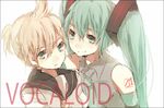  1girl blonde_hair detached_sleeves green_eyes green_hair hatsune_miku headgear kagamine_len long_hair looking_at_viewer number sailor_collar simple_background tattoo tetsuo twintails upper_body vocaloid white_background 