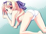  all_fours ass barefoot blonde_hair cat_hair_ornament flat_chest hair_ornament hair_ribbon highres kakesu long_hair looking_back lulli panties purple_eyes ribbon sakura_strasse solo topless underwear 