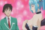  1girl :3 animated animated_gif aono_tsukune bad_aspect_ratio blood blue_hair breasts choker dvd epic_nosebleed flashing kurono_kurumu large_breasts looking_at_breasts nipples nosebleed rosario+vampire short_hair wings 