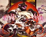  blonde_hair brown_hair crescent_moon detached_sleeves dress eyeball from_behind hakurei_reimu hat long_sleeves looking_at_viewer looking_back mob_cap moon multiple_girls red_dress standing touhou tsurukame yakumo_yukari 