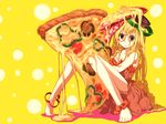  anklet bad_id bad_pixiv_id barefoot breasts cheese cleavage dress feet food food_as_clothes food_themed_clothes holding_pizza in_food jewelry medium_breasts messy minigirl mizuto_umi_(blue_monday) original pizza slice_of_pizza solo tomato yellow_eyes 