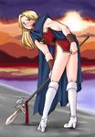  androgynous blonde_hair blue_eyes blush boots cape castlevania castlevania:_bloodlines eric_lecarde kumip legs long_hair looking_back male_focus muscle otoko_no_ko polearm solo spear sweatdrop tunic upskirt weapon 
