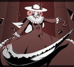  bow brown brown_background brown_dress dress elly hair_over_one_eye hat high_contrast holding holding_scythe letterboxed monochrome ribbon scythe serene_(gusarme) smile solo touhou touhou_(pc-98) 