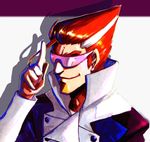  closed_mouth holysnow index_finger_raised long_sleeves male_focus multicolored_hair red_hair scryed shiny shiny_hair simple_background smirk solo straight_cougar streaked_hair sunglasses thick_eyebrows upper_body white_background white_coat white_hair wrap-around_shades 