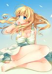  bad_id bad_pixiv_id barefoot blonde_hair blue_eyes breasts cleavage dress feet large_breasts long_hair mizuto_umi_(blue_monday) original petals solo wind 