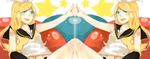  aqua_eyes bad_id bad_pixiv_id blonde_hair hair_ornament hair_ribbon hairclip highres kagamine_rin long_hair miyake_achi ribbon symmetry vocaloid 