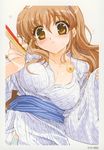  bath_robes blush breasts brown_eyes brown_hair cleavage long_hair nogizaka_haruka nogizaka_haruka_no_himitsu 