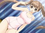  alternate_color_school_swimsuit brown_eyes brown_hair dutch_angle engeki_club game_cg glasses kazahana long_hair nogiwa_shouko one-piece_swimsuit pink_swimsuit school_swimsuit solo swimsuit twintails wide_hips 